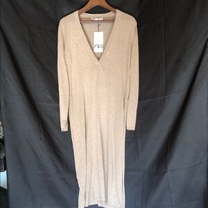 Zara Beige Long Sleeve V-Neck Dress